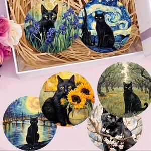 NIP! Set of 6 Black Cats with Van Gogh Backgrounds Coffee, Tea, Drink Coasters!